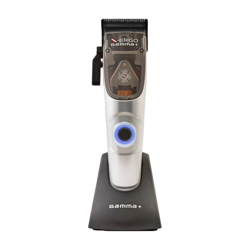 Gamma+ X-Ergo Professional Modular Clipper, front view on charging base