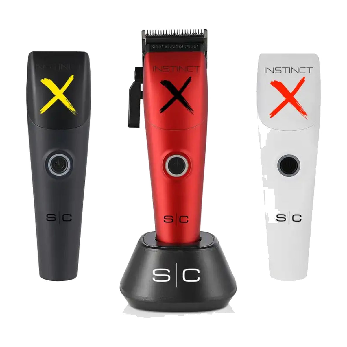 StyleCraft Instinct-X professional clipper on charging base with interchangeable lids