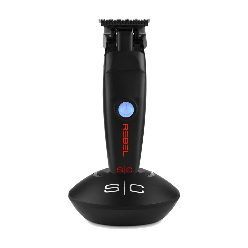 StyleCraft Rebel Trimmer, front view on charging base, black